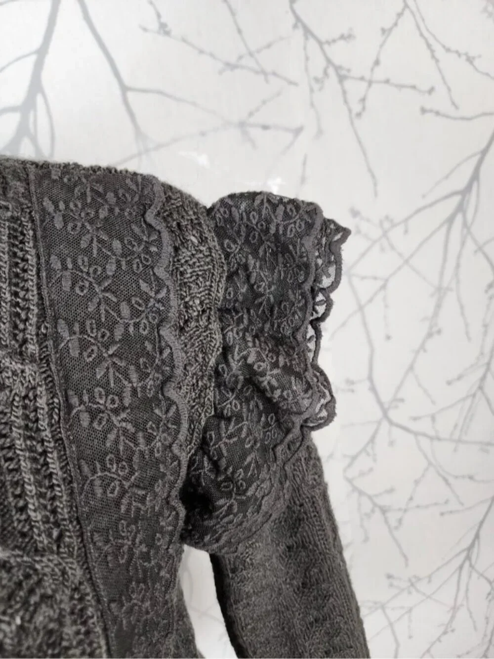Zara Gray Lace Ruffle Trim Mockneck Cropped Sweater